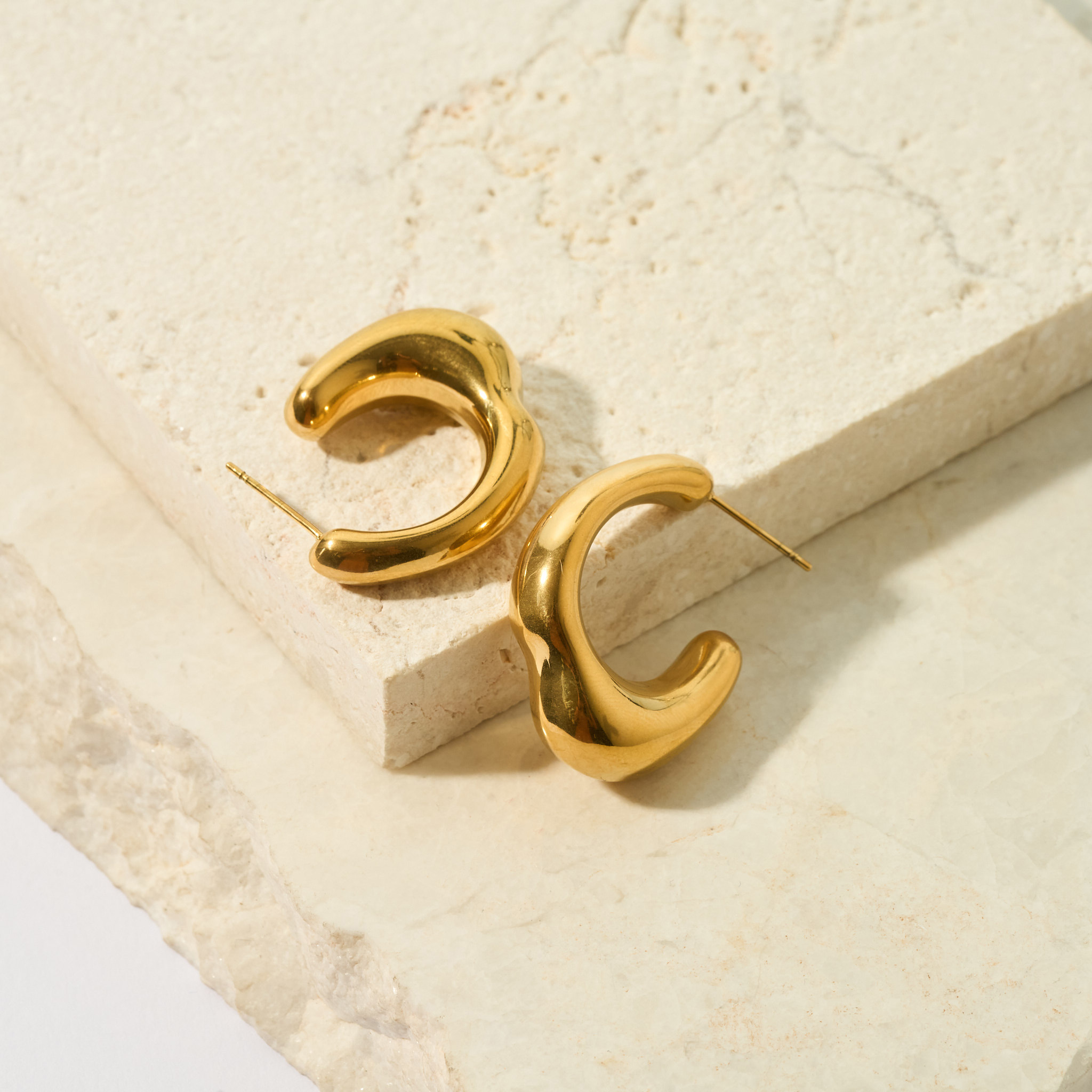 Ladies Gold-Plated Sculptural C-Hoop Stud Earrings