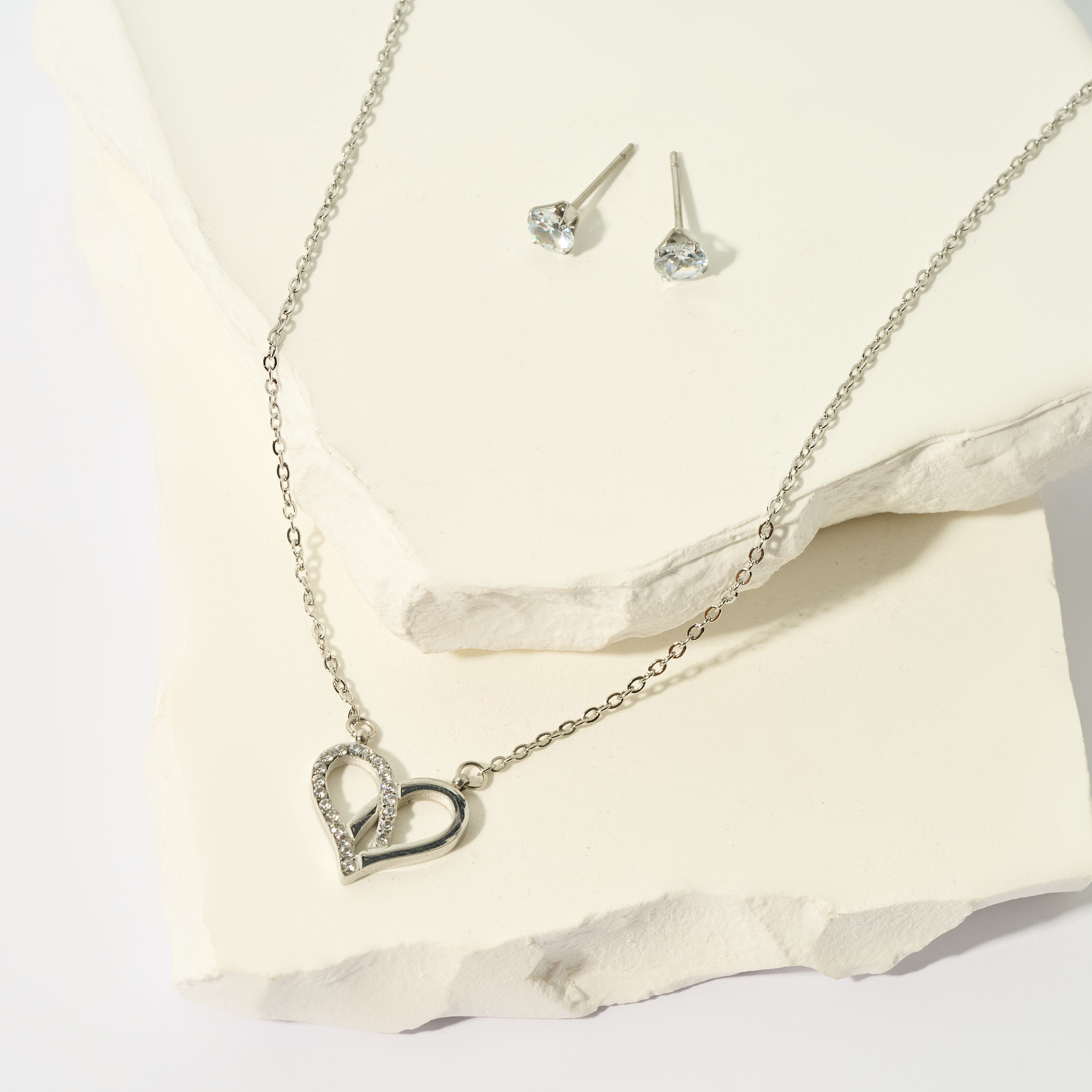 Ladies Silver Rhodium-Plated Pendant Necklace and Earring Set