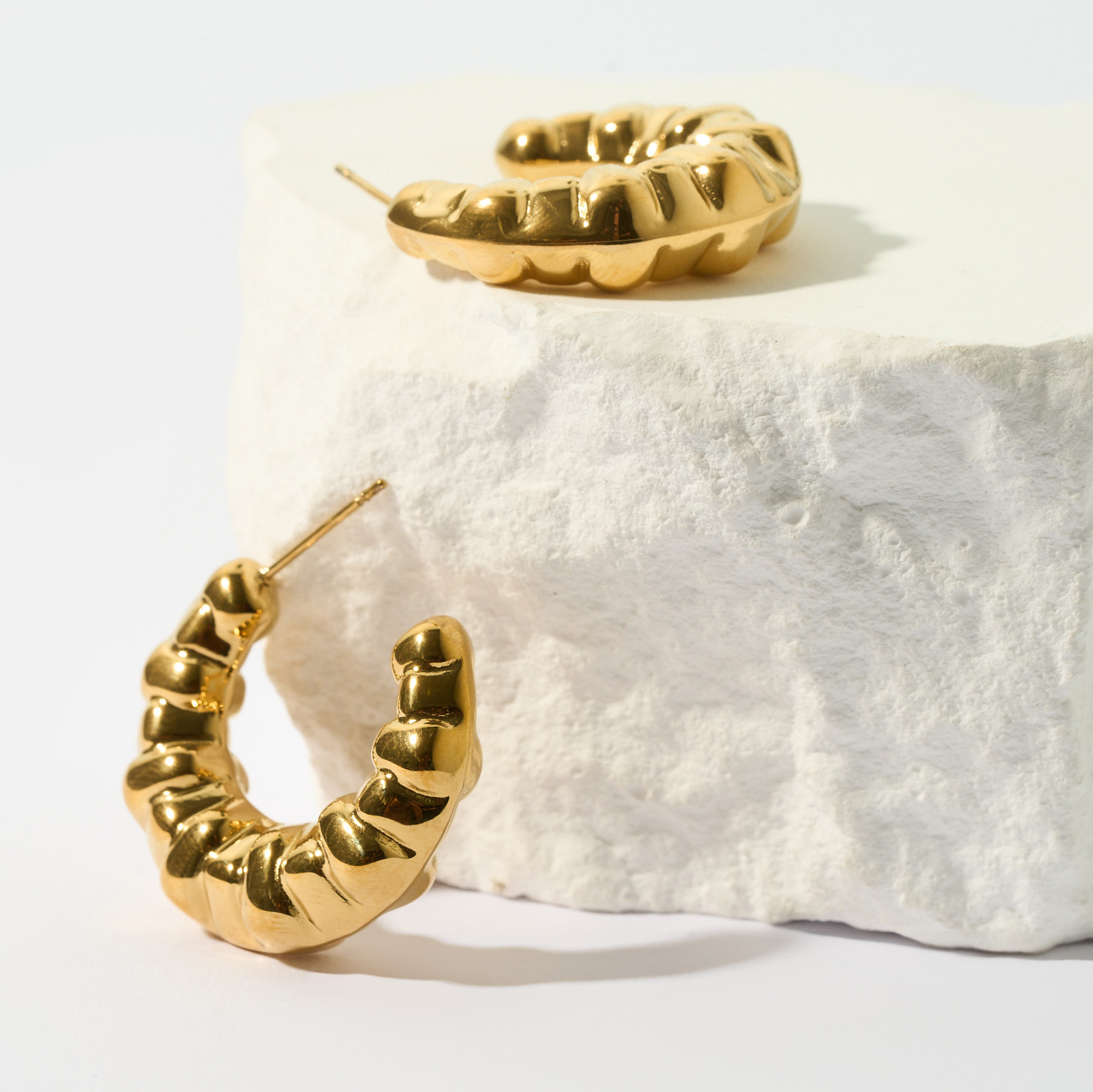 Ladies Gold-Plated Ribbed Open Hoop Earrings