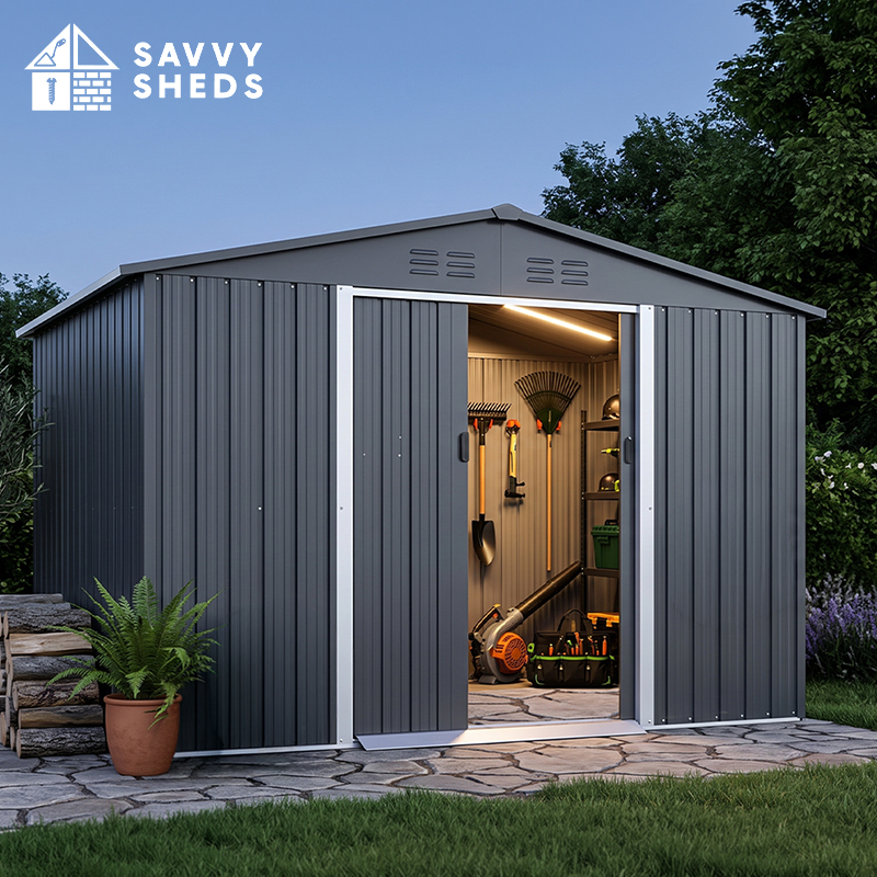 3m x 3.6m Outdoor Metal Storage Shed with Double Doors and LED Motion Sensor Lights