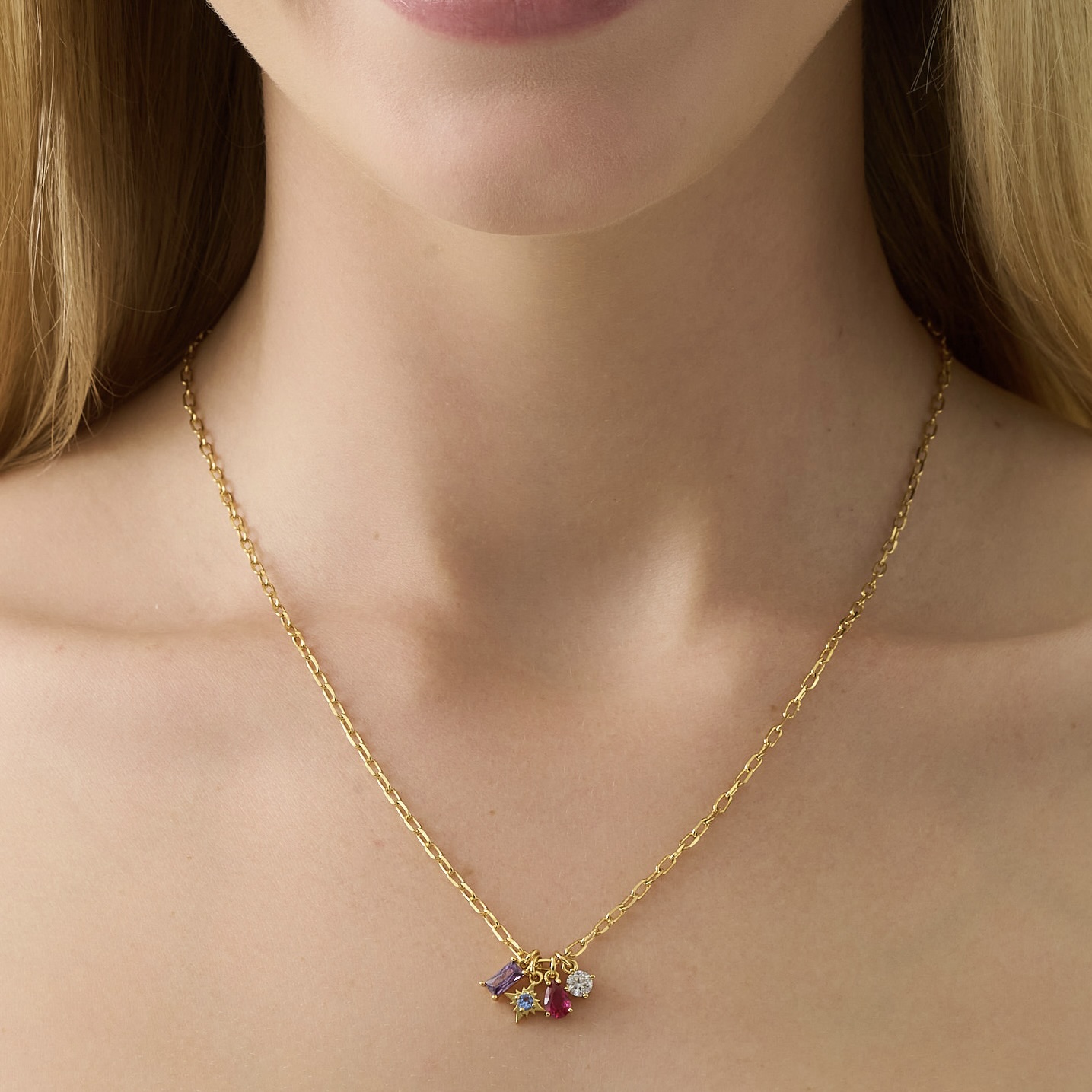 Cubic Zirconia and Glass Paperclip Charm Plated Necklace
