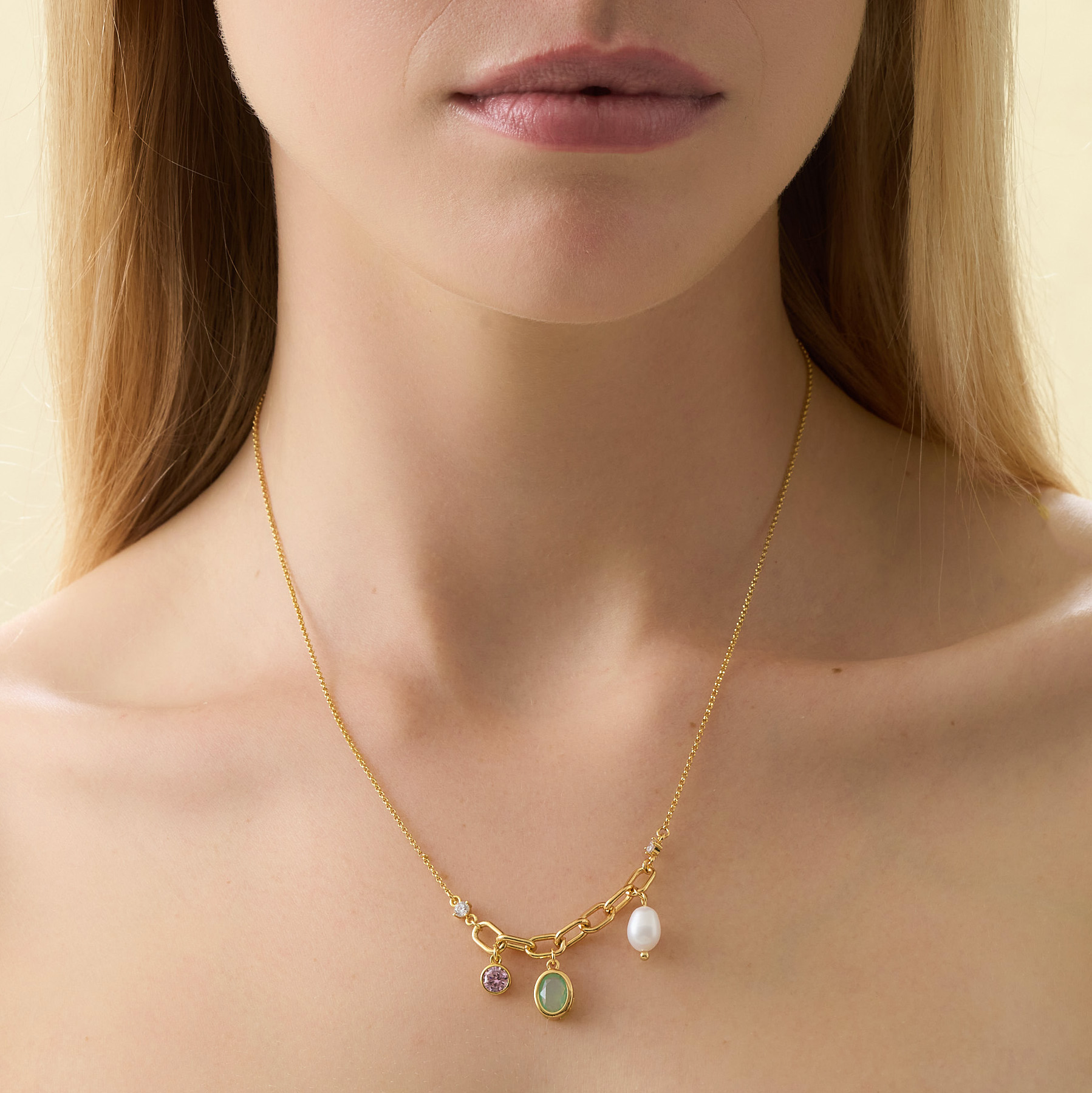 Cubic Zirconia and Glass Charm Plated Necklace