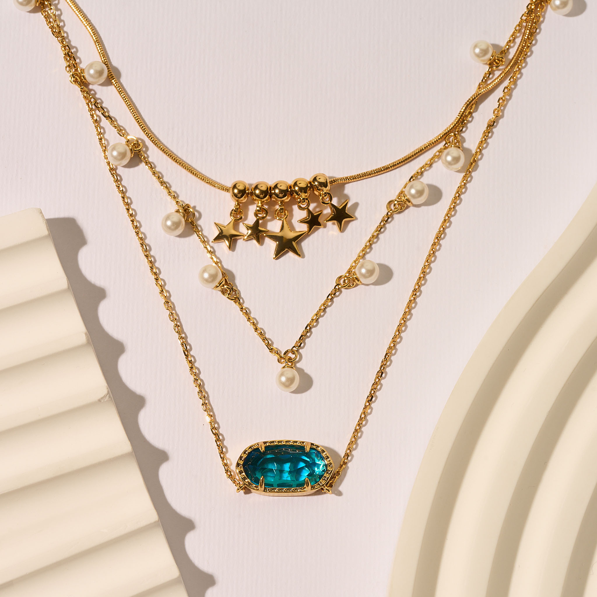 Three-Layer Plated Charm Necklace with Freshwater Pearl, Cubic Zirconia, and Glass