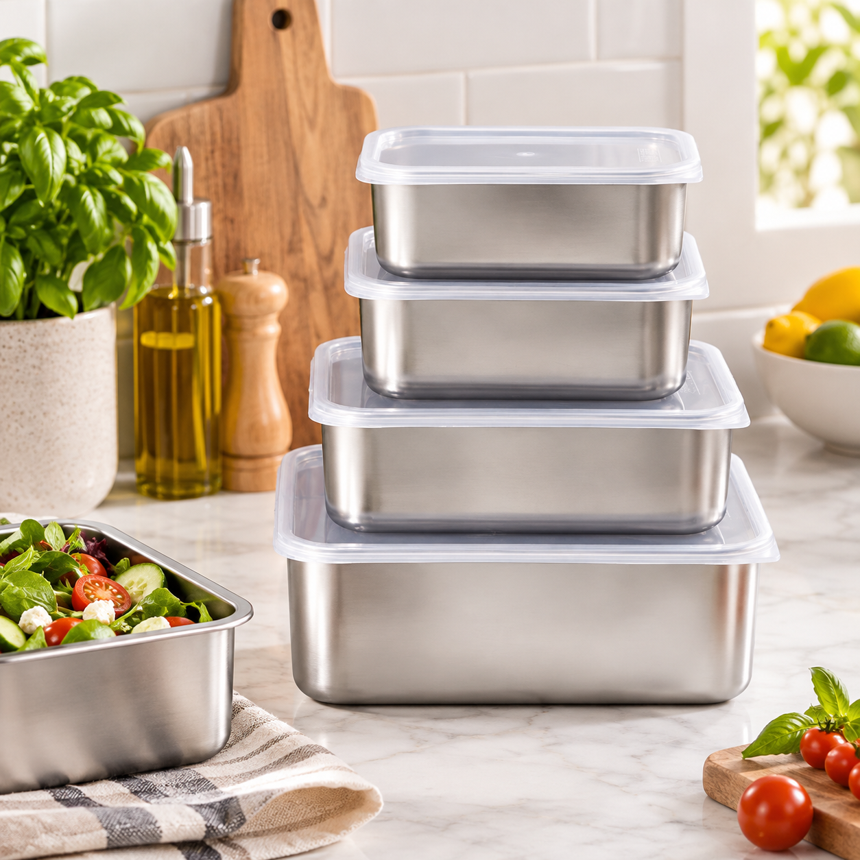 8-Piece Rectangular Stainless Steel Containers with Lids