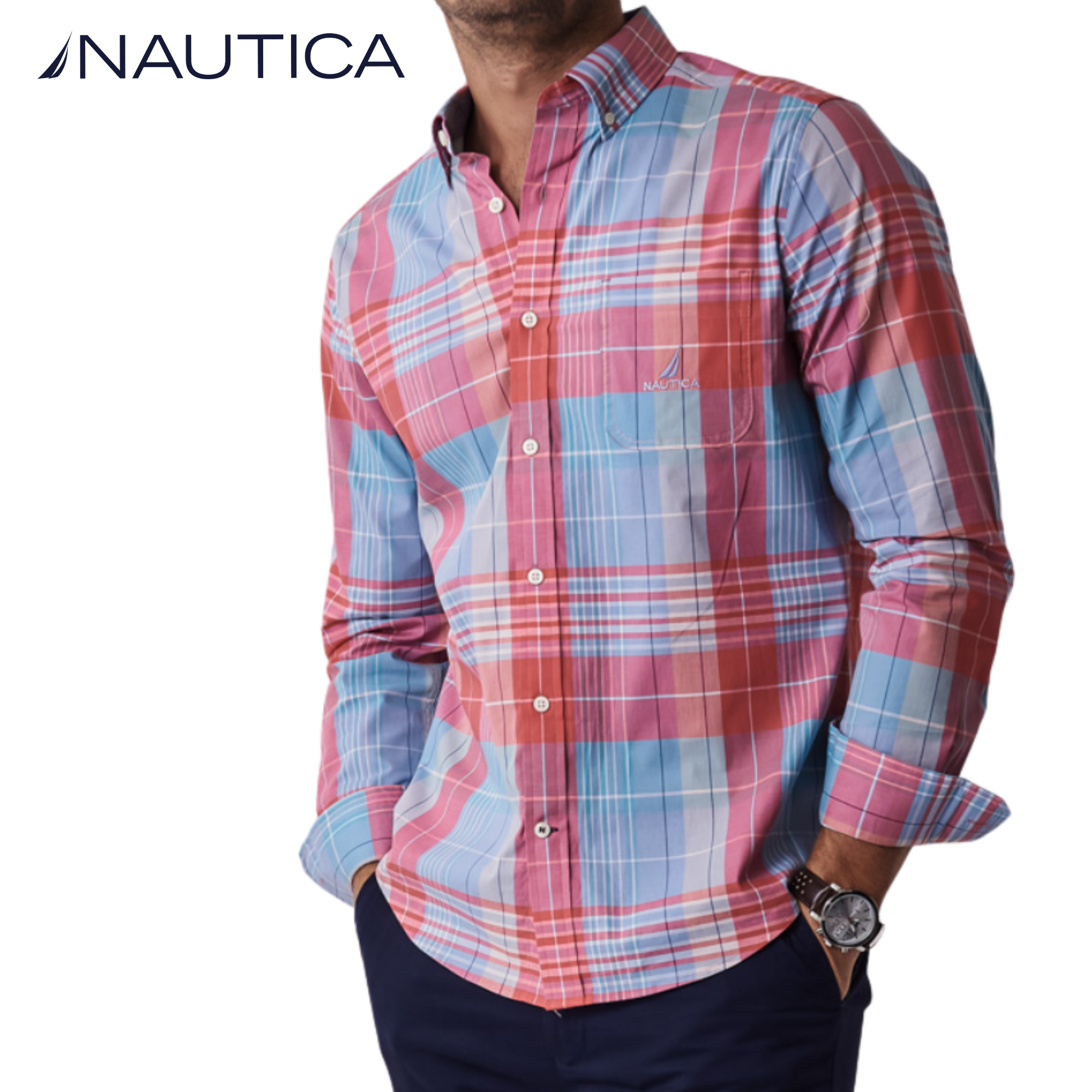 Men's Petrol True Red Check Long Sleeve Woven Shirt