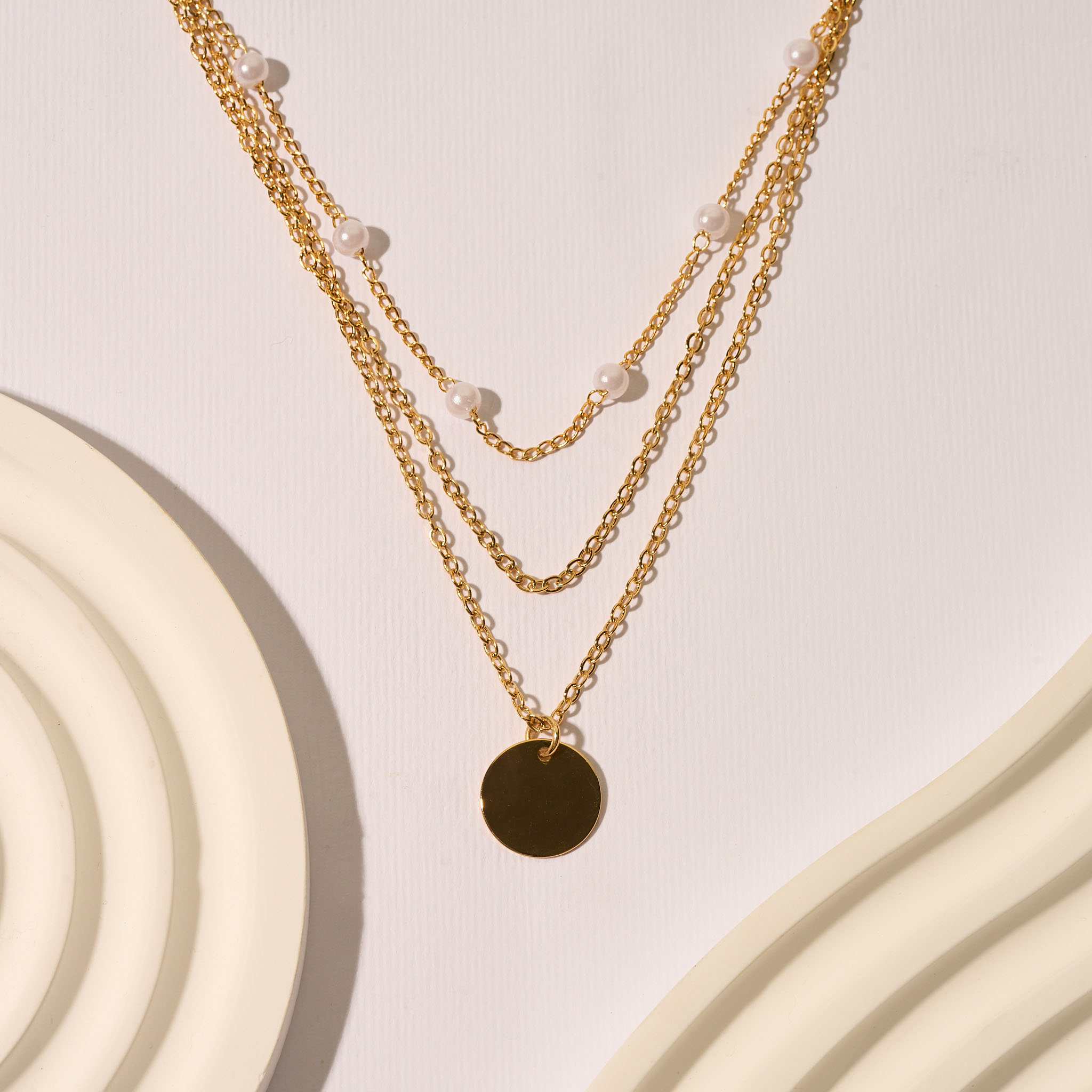Three-Layer Glass Pearl and Disk Plated Necklace