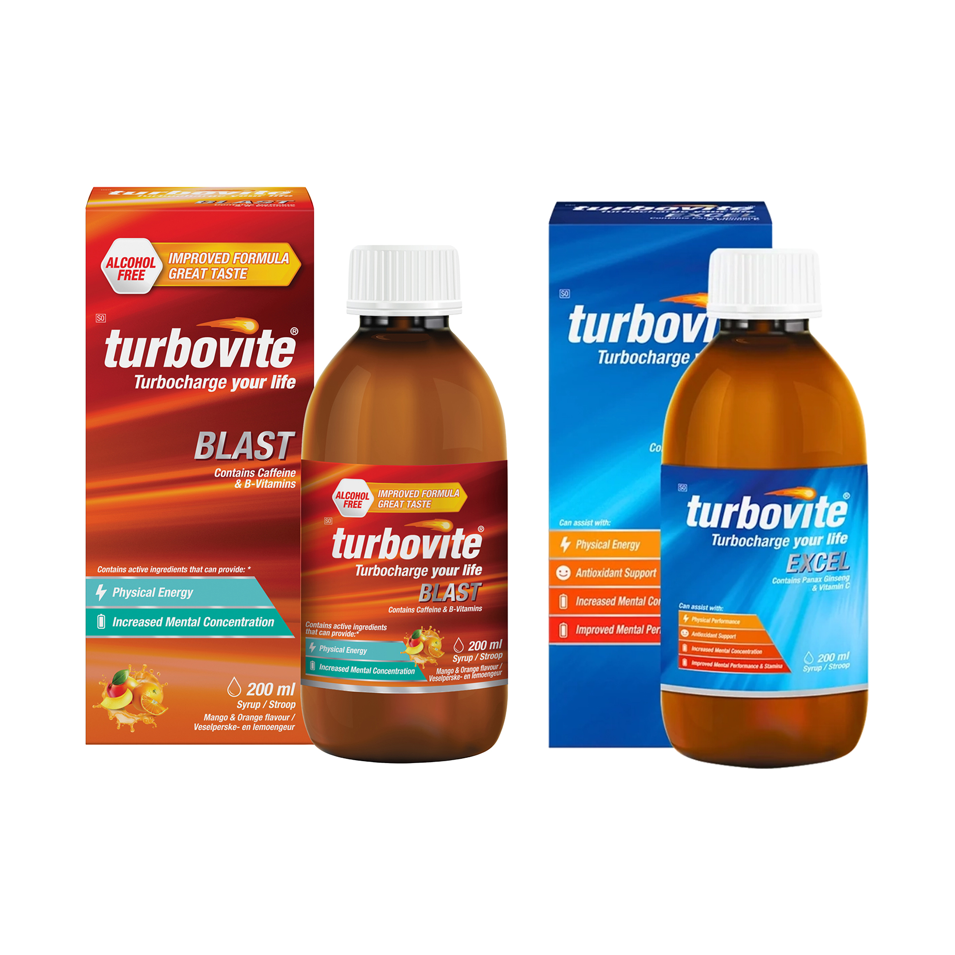 Turbovite 2x 200ml Blast or Excel Daily Energy Syrups — R139 on OneDayOnly (was R200)