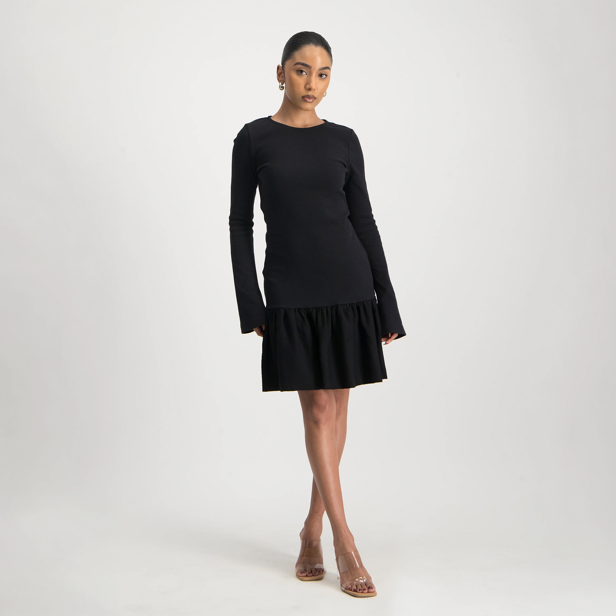 Ladies Long Sleeve Rib Bubble Hem Dress