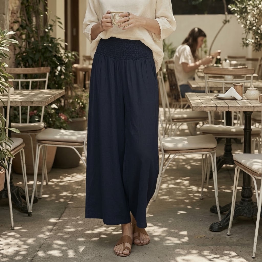 Ladies Smocked Waist Palazzo Lounge Pants with Pockets