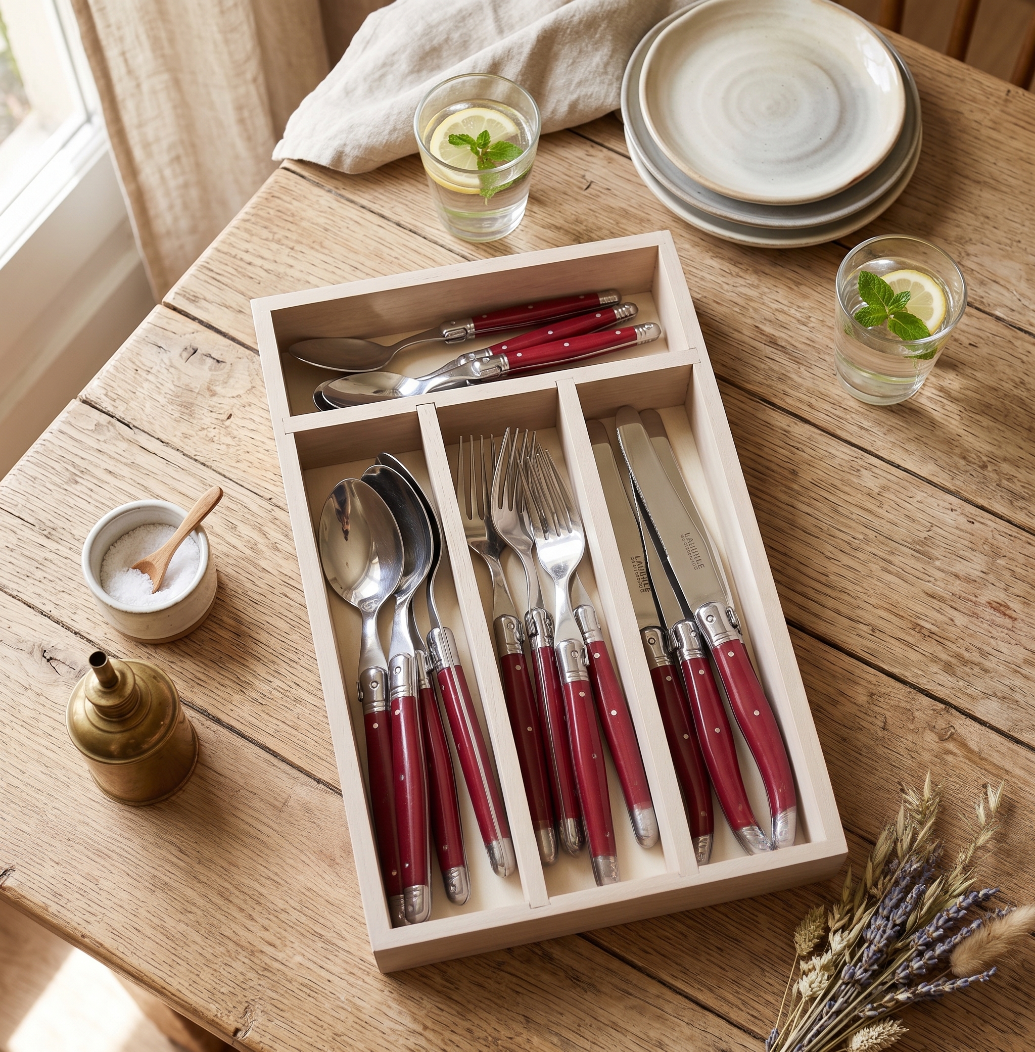 16-Piece Cherry Red Handle Cutlery Set in Wooden Box