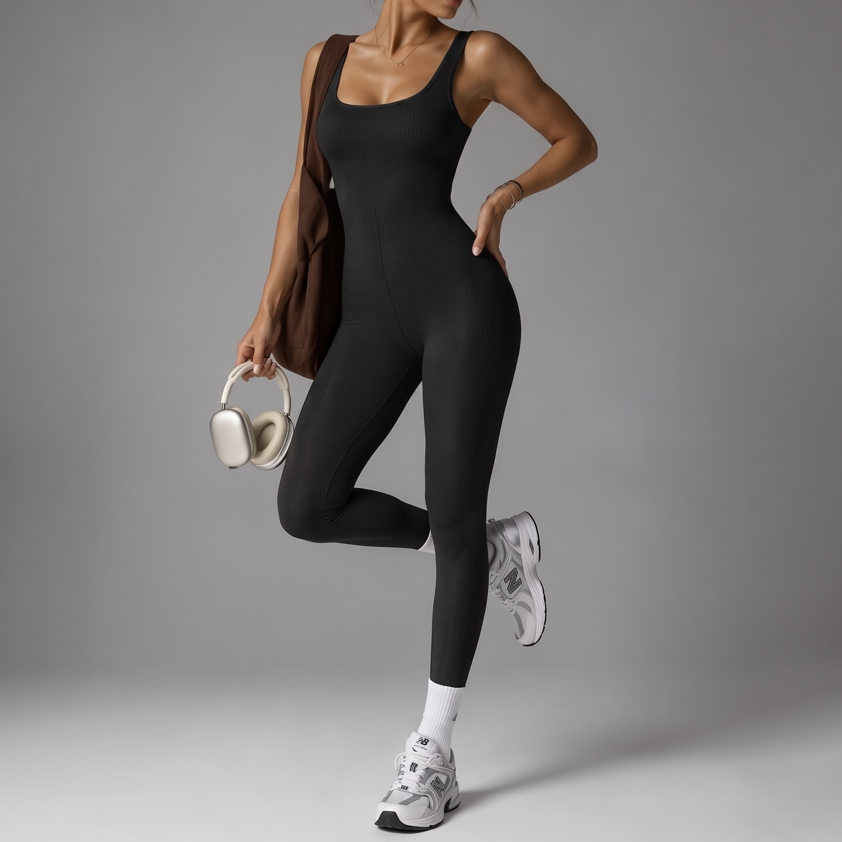 Ladies Seamless Ribbed Unitard Jumpsuit