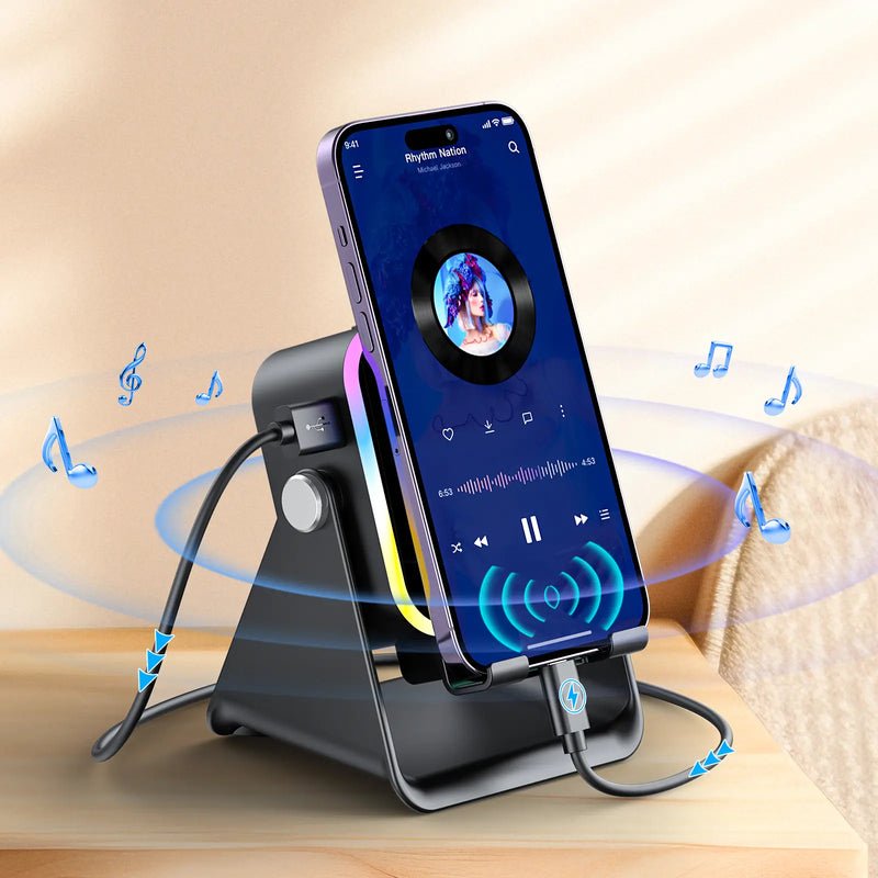 5-in-1 Bluetooth Induction Speaker with RGB Ambient Light and Phone Stand