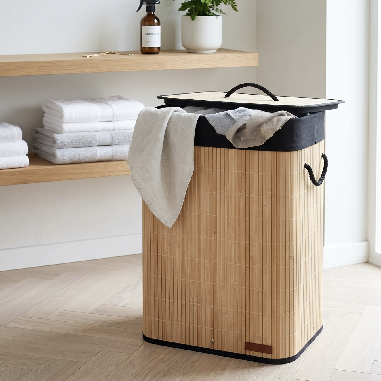 Foldable Bamboo Laundry Basket with Lid