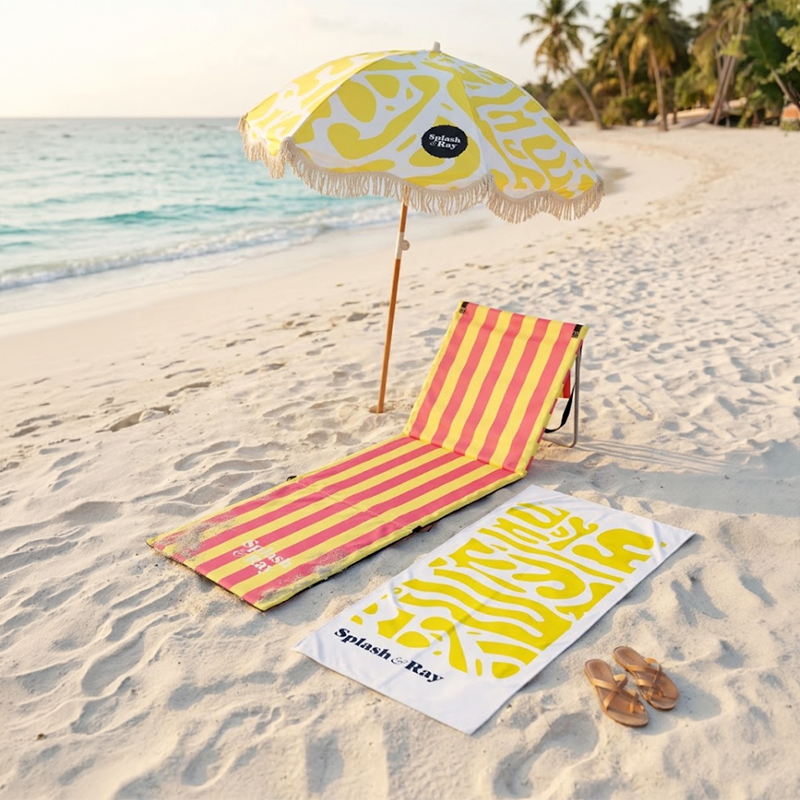 2.2m Coastal Cuts Wooden Beach Parasol with Back-Beach Mat and Towel