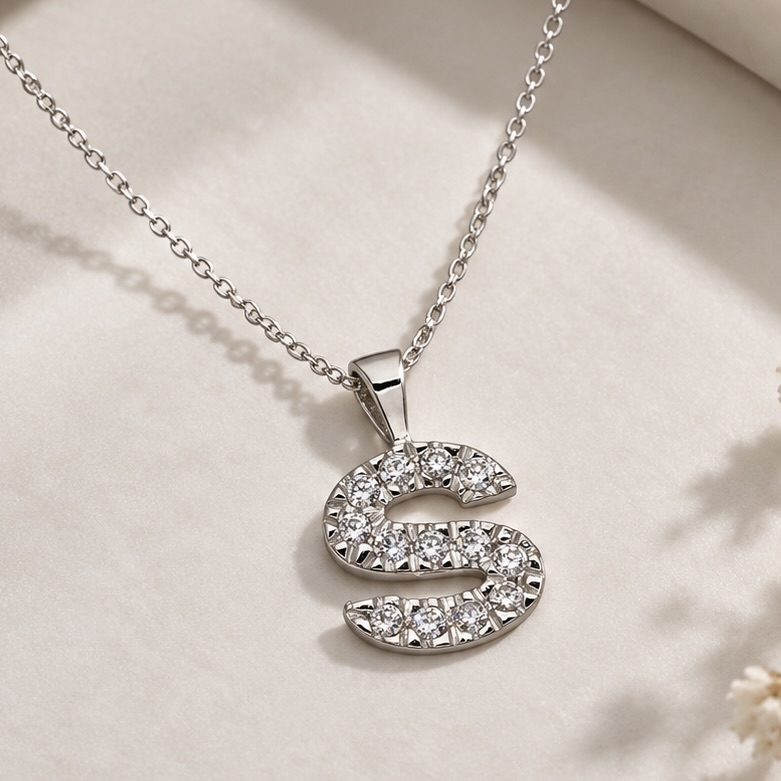 Sterling Silver Cubic Zirconia Initial Pendant & Chain