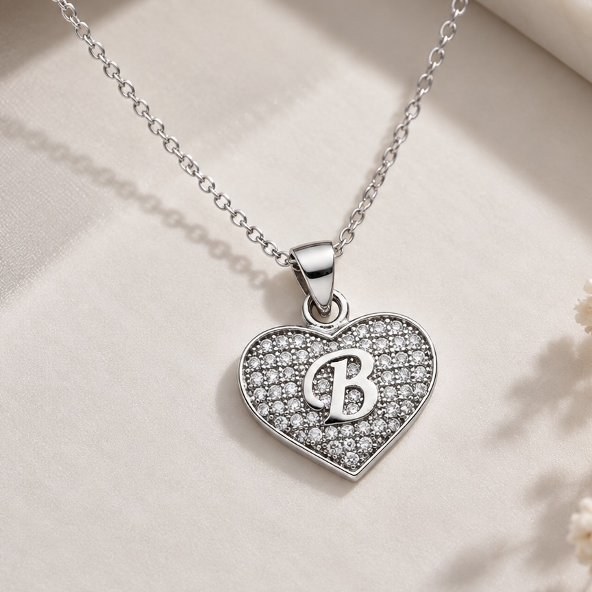 Sterling Silver Cubic Zirconia Heart Initial Pendant & Chain