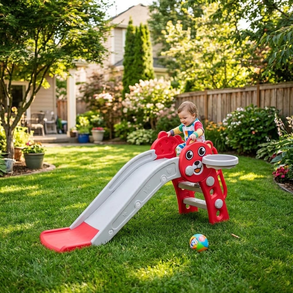2-in-1 Kids Indoor-Outdoor Slide with Basketball Hoop and Ball