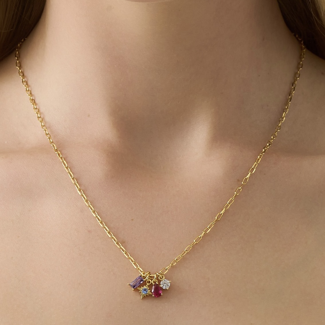 Cubic Zirconia and Glass Paperclip Charm Plated Necklace