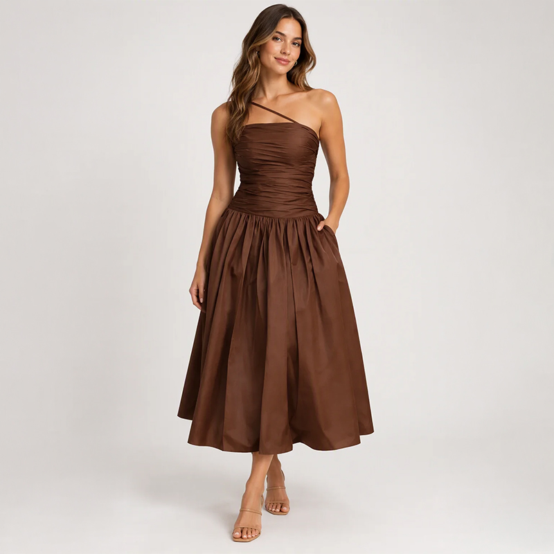 Ladies Asymmetric Strap Ruched Dress