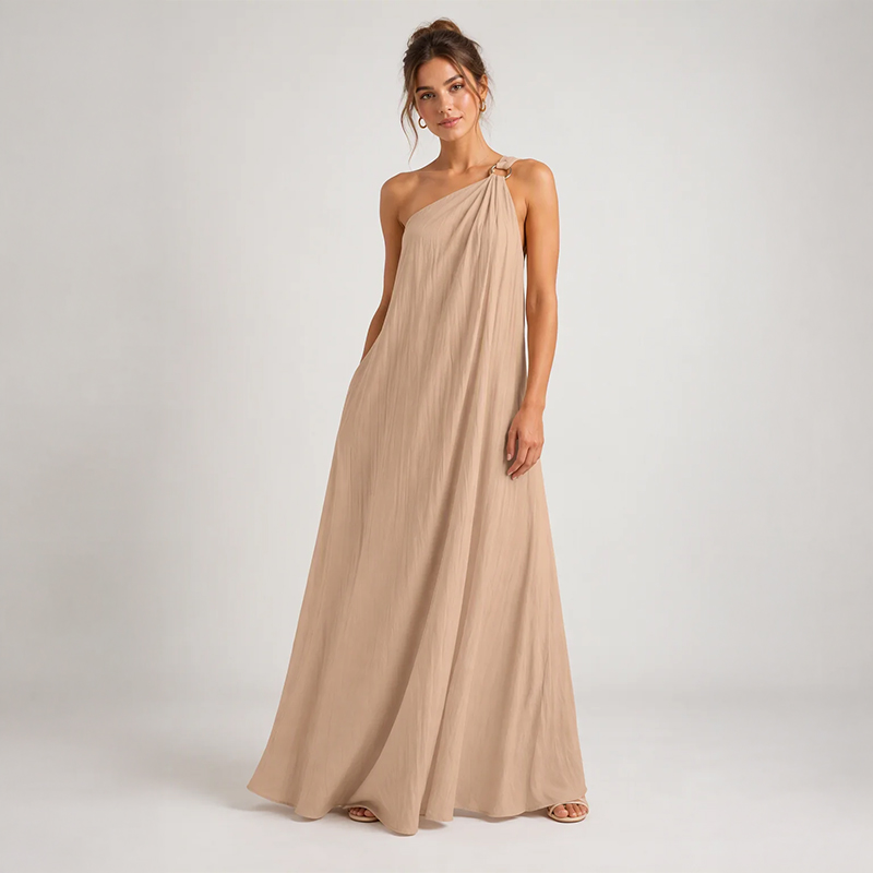 Ladies Gold Ring One Shoulder Maxi Dress