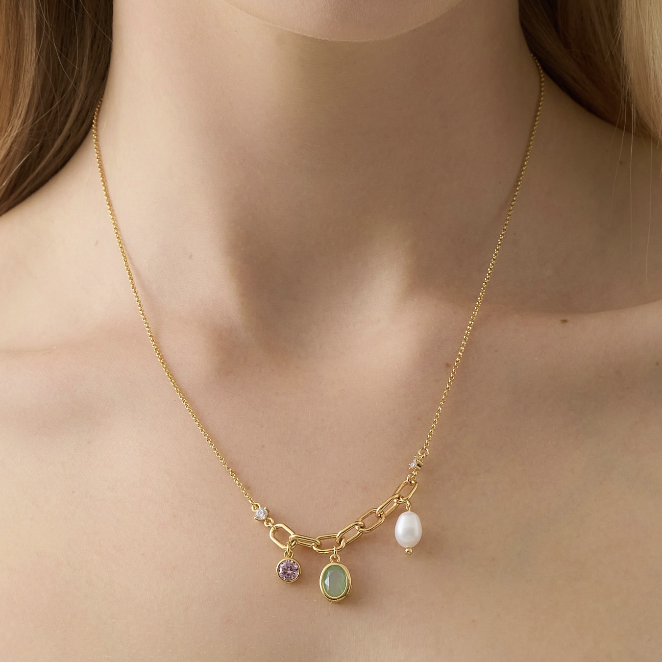 Cubic Zirconia and Glass Charm Plated Necklace