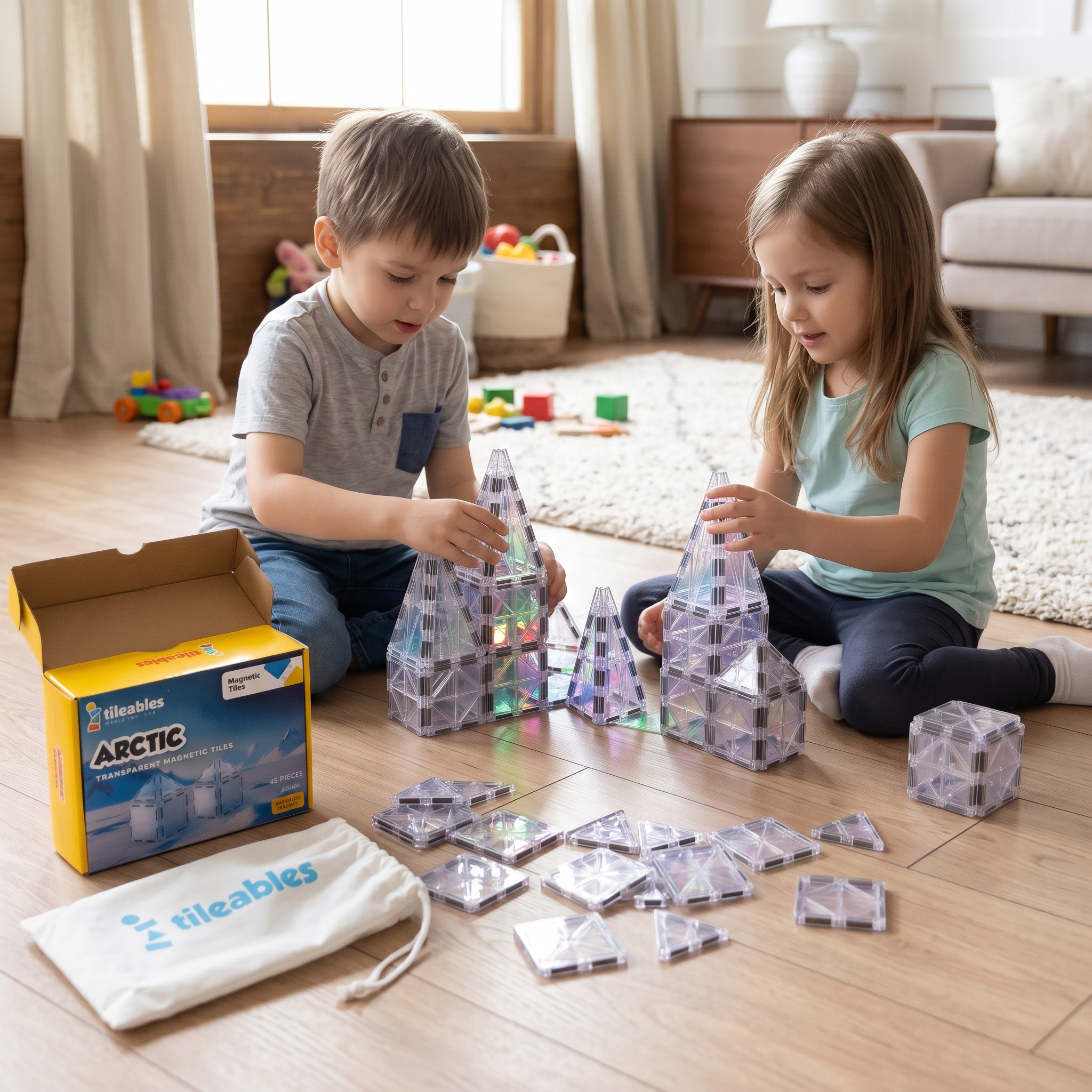 45-Piece Arctic Transparent Magnetic Tiles with Travel Bag