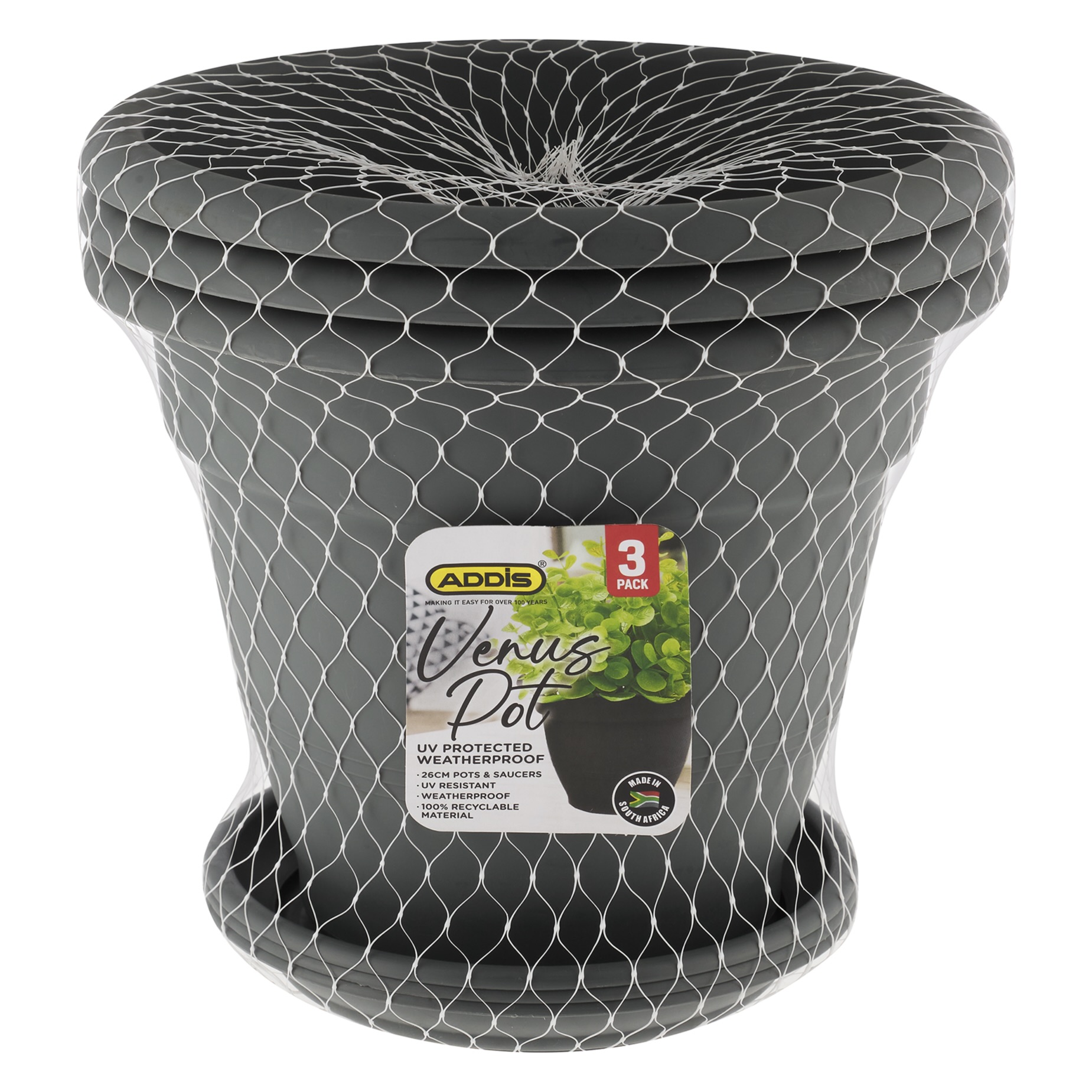 3x 26cm Venus Graphite Plant Pots and Saucers