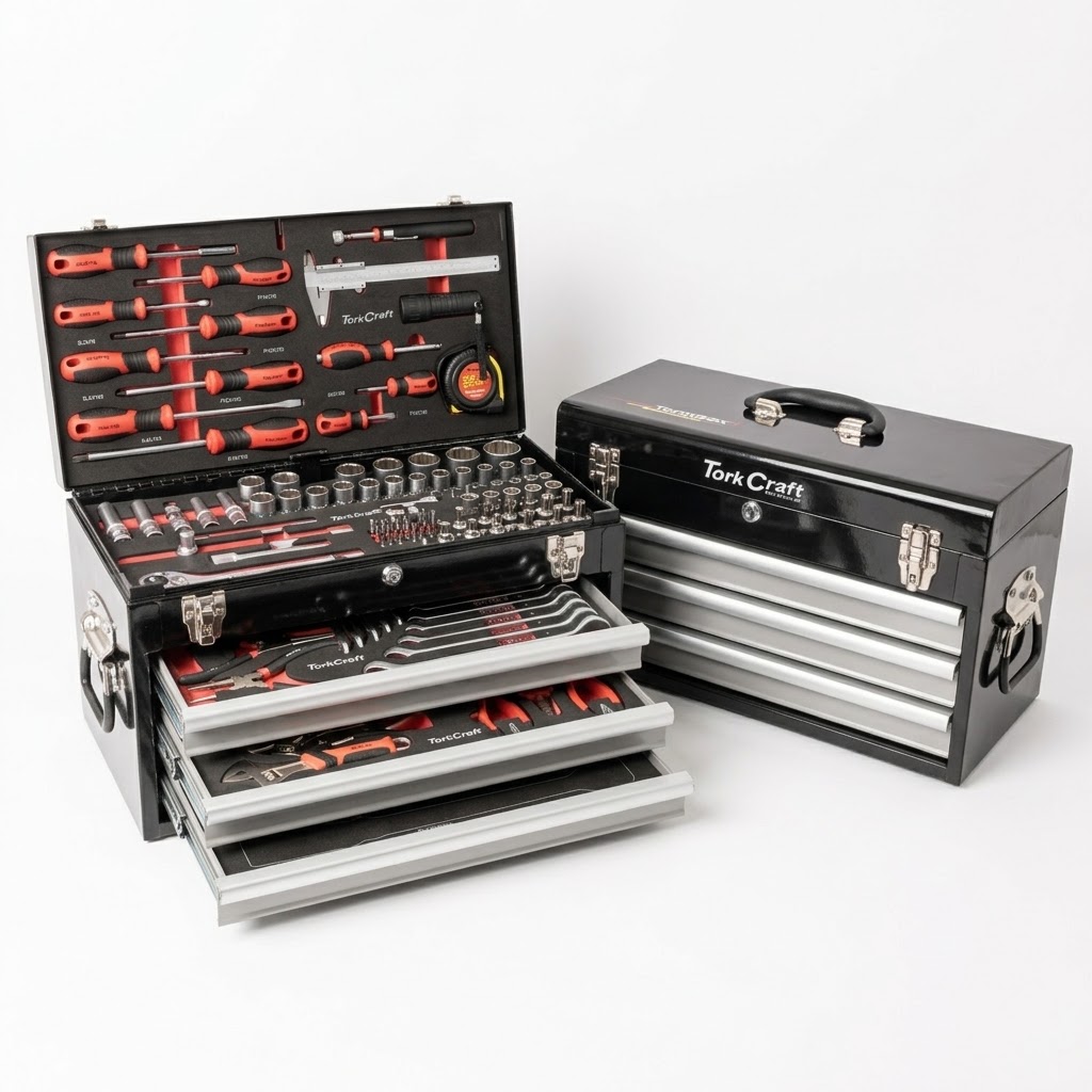 154-Piece Lockable 3 Drawer & Top Tray Tool Box (Model: TCTB154)