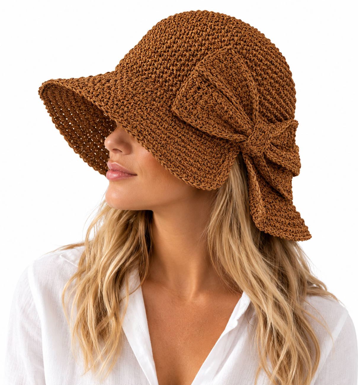Ladies Foldable Straw Bucket Hat with Bow
