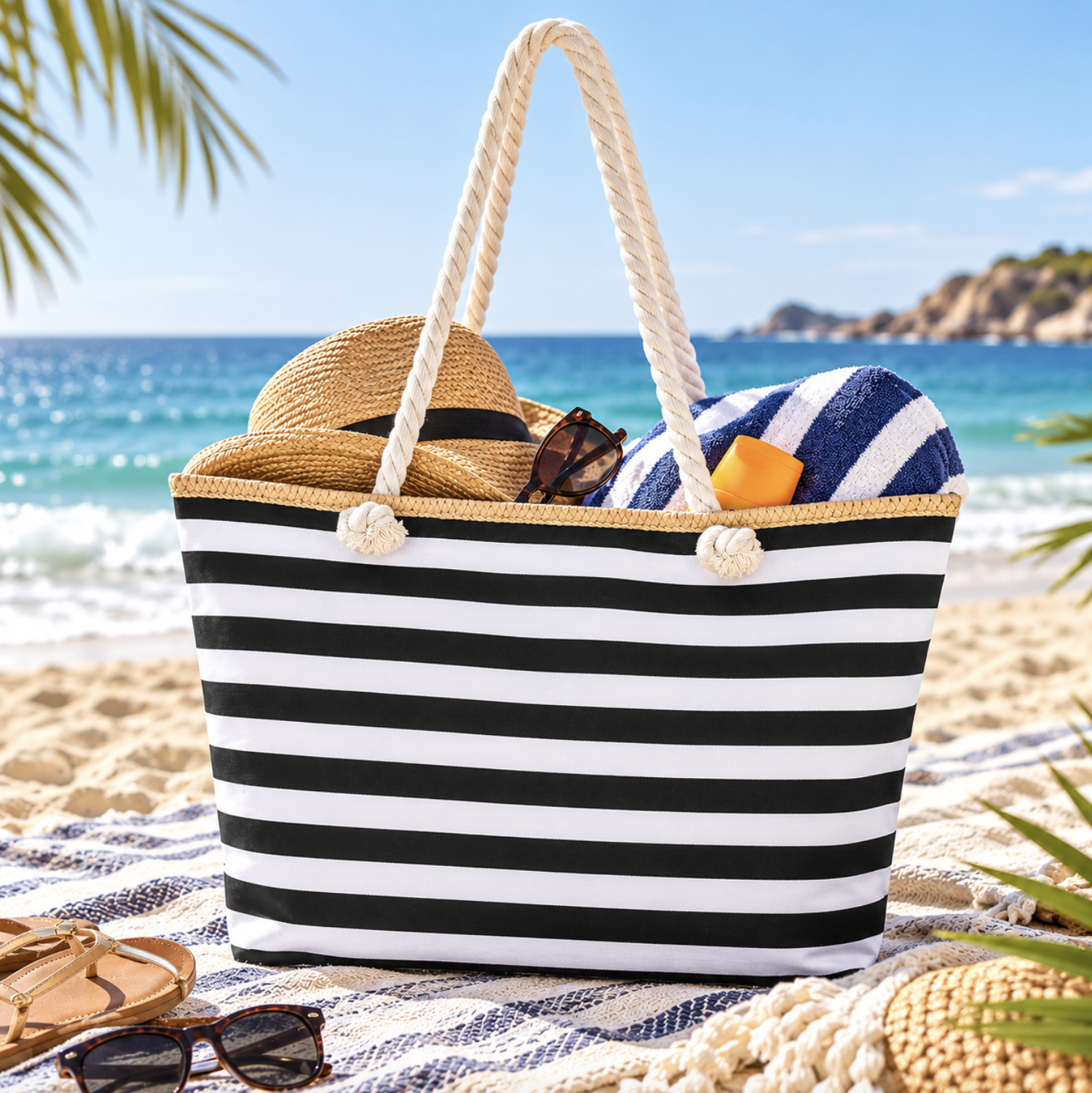 Large Striped Canvas Beach Bag with Zip