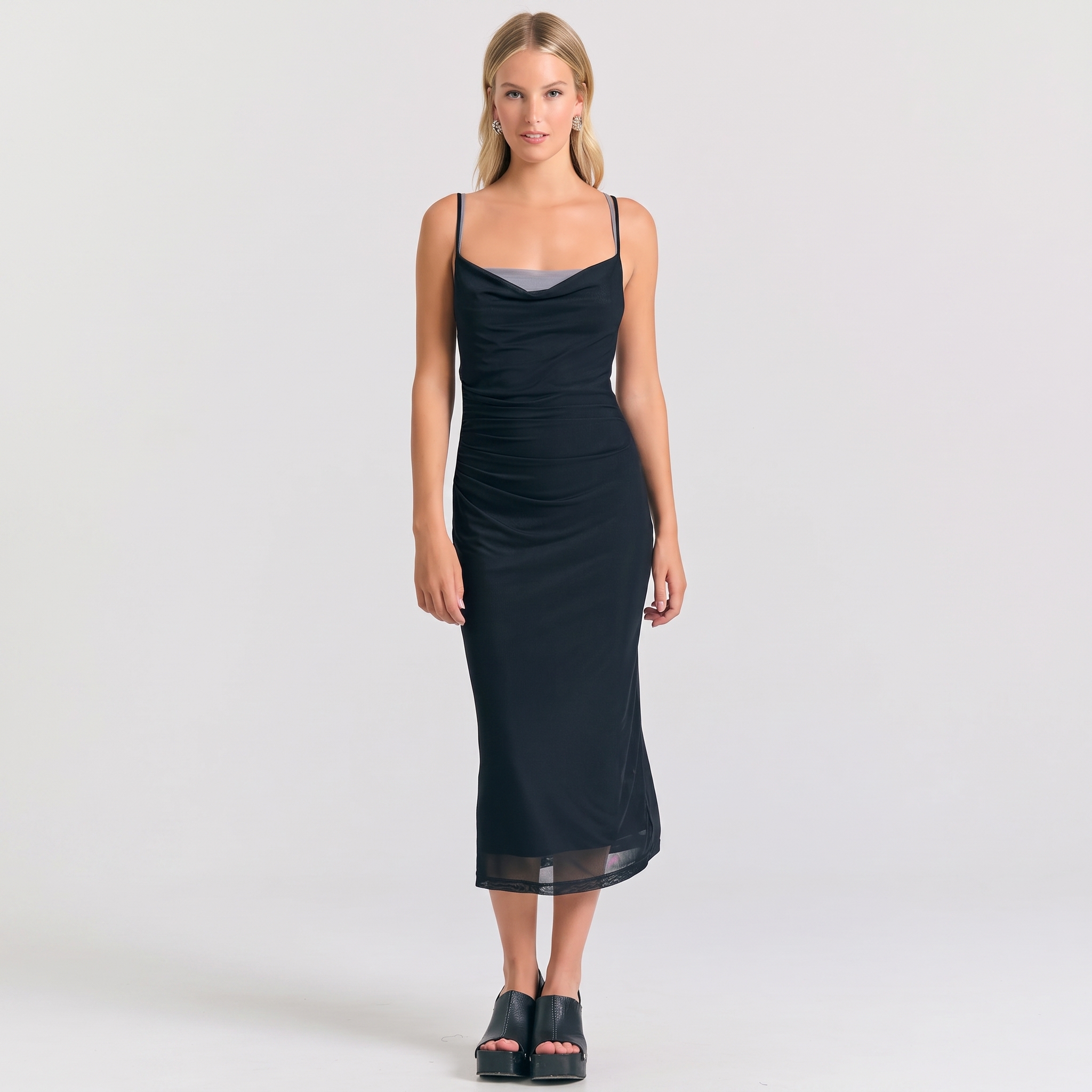 Ladies Black Midi Drape Dress with Tulle