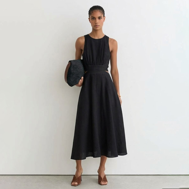 Ladies Cutout Linen-Blend Midi Dress