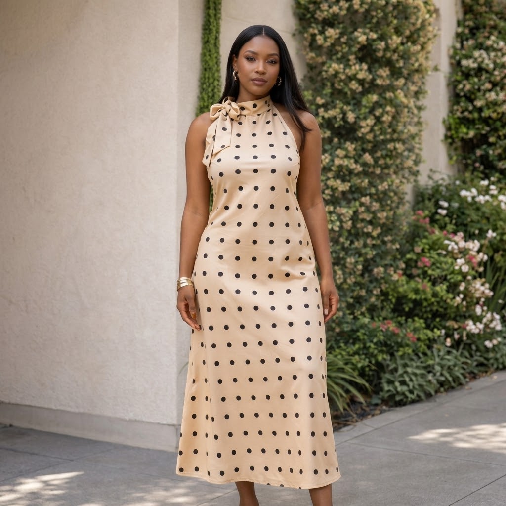 Ladies Polka Dot Halter-Neck Maxi Dress