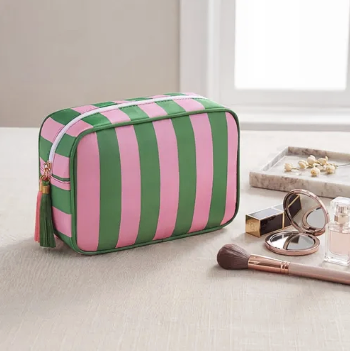 Striped Cosmetic Bag with Decorative Tassel