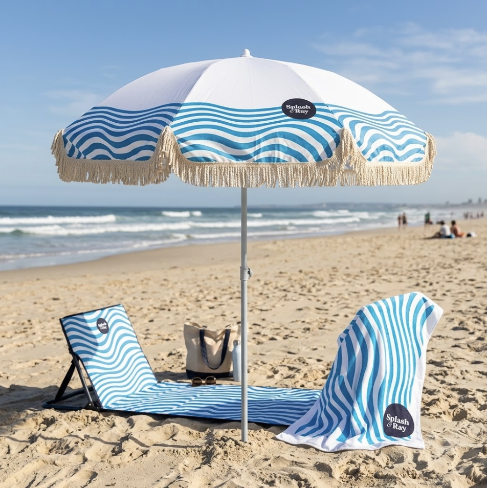 Blue Umbrella with Ebb and Flow Blue Towel and Beach Mat