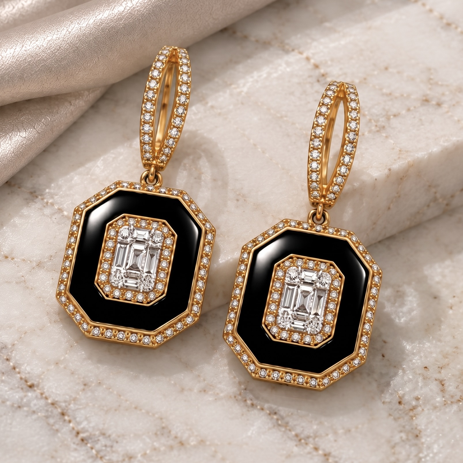 9k Gold Diamond Baguette Onyx Earrings