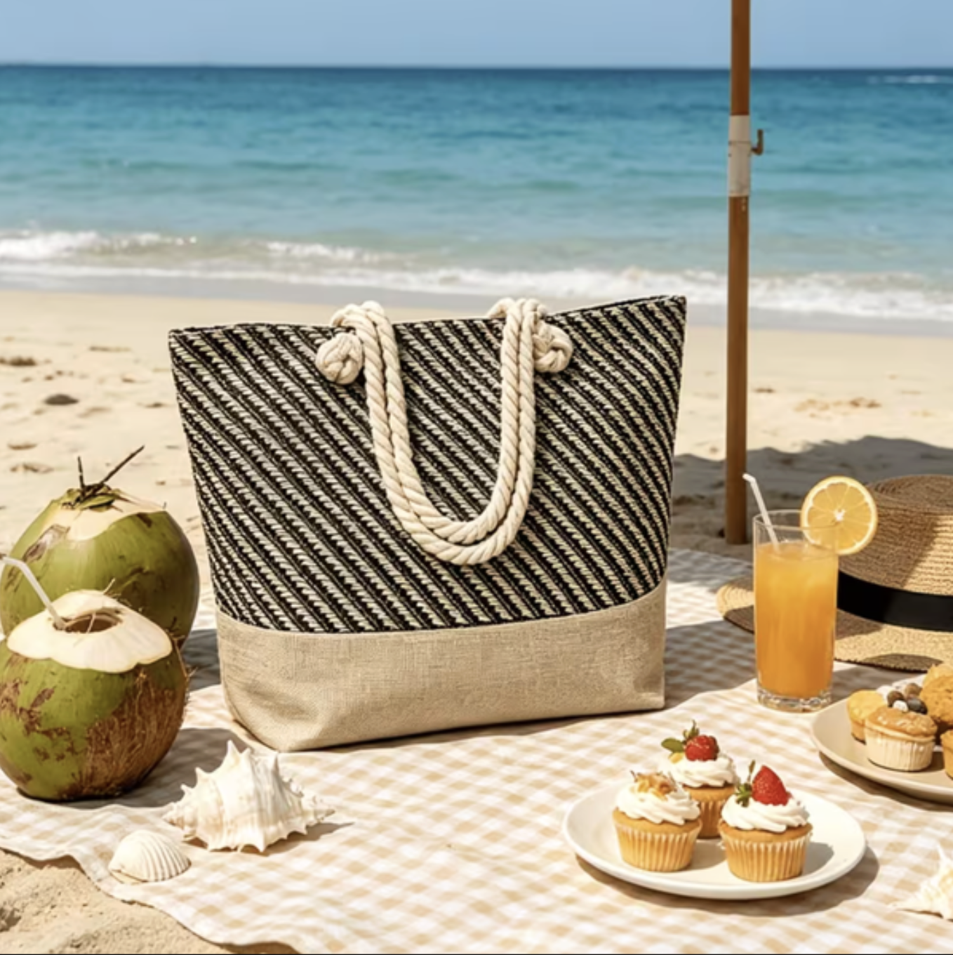 Extra-Large Woven Beach Tote Bag with Rope Handles