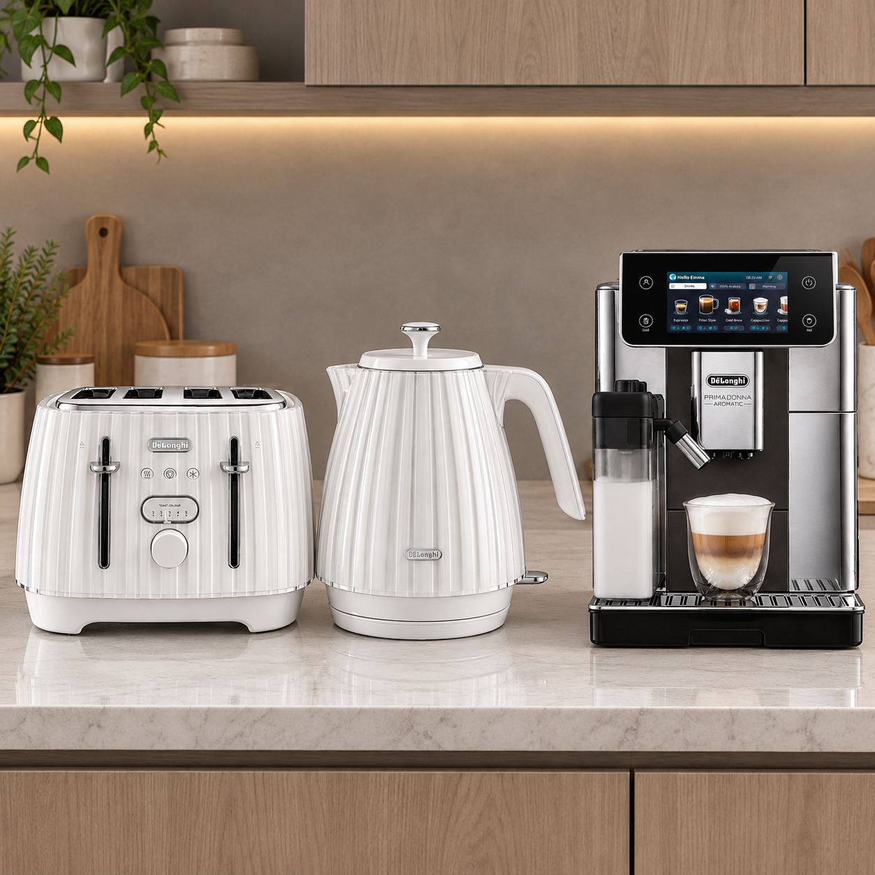 Primadonna Coffee Machine, Ballerina Cordless Kettle and Ballerina Toaster