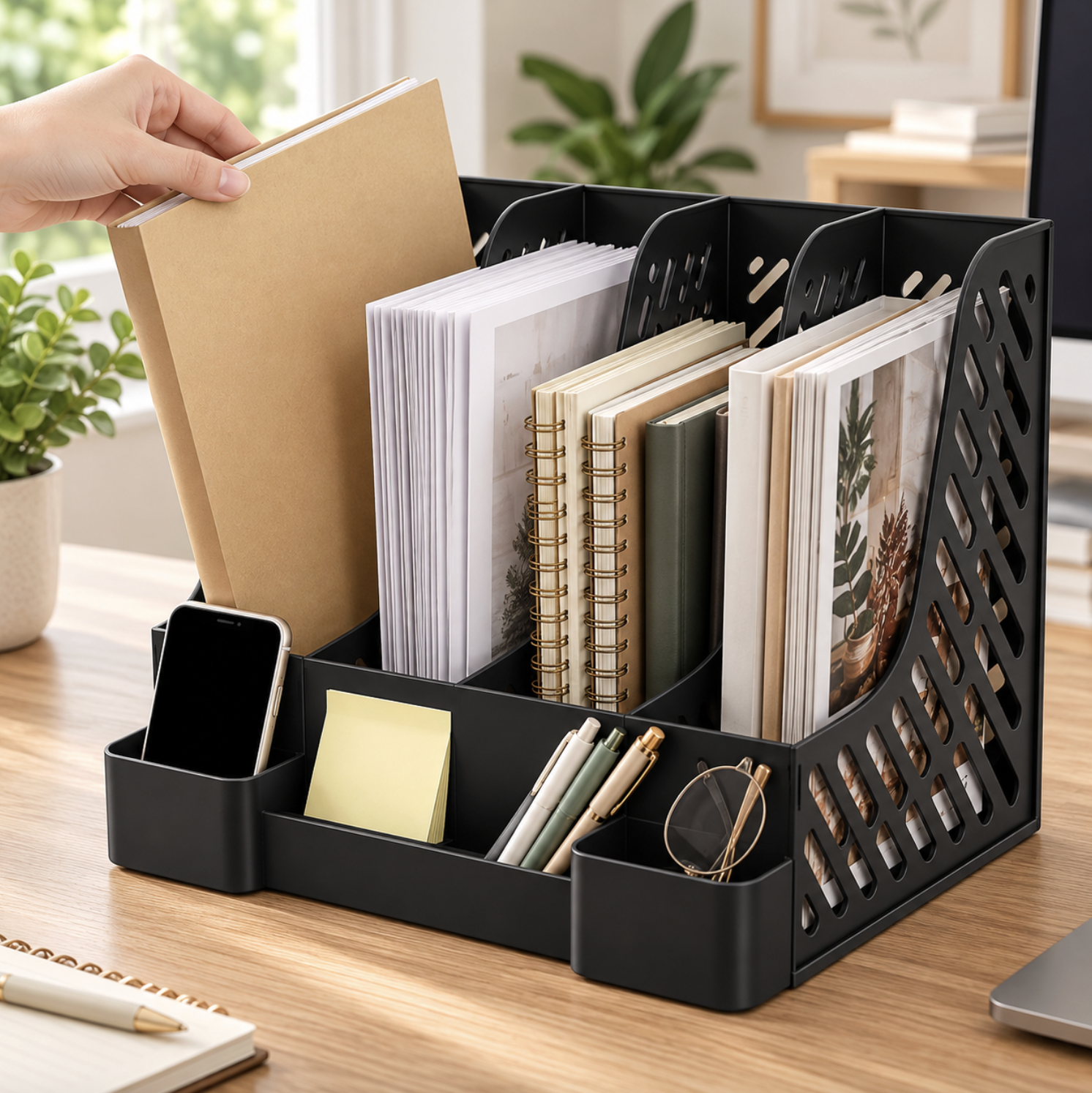 4-Slot Desktop File Organiser with Compartments