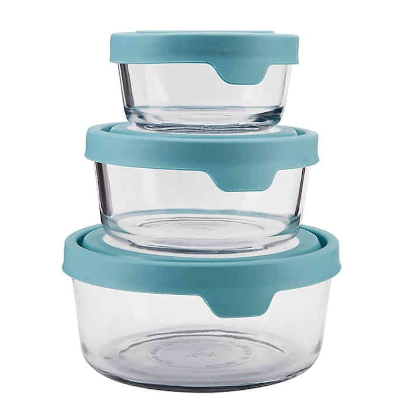 Set Contains: (1) 2 Cups, (1) 4 Cups, (1) 7 Cups Round Glass Food Storage Containers with Mineral Blue TrueSeal Lids