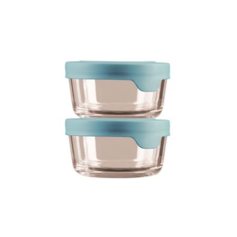 Set Contains: (2) 2 Cups Round Glass Food Storage Containers with Mineral Blue TrueSeal Lids