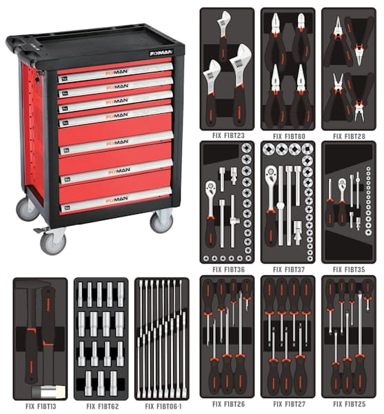 7 Drawer Roller Cabinet with 12 Trays and 130 Piece Tools (Model: F1RP7-1)