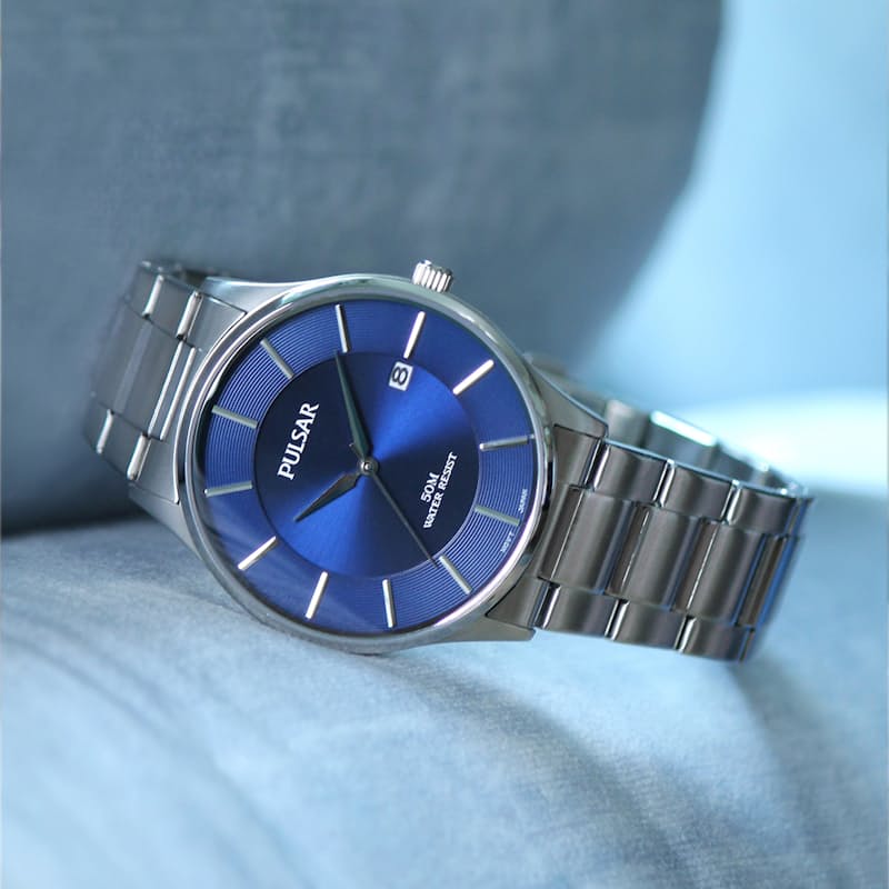 Silver with Blue Dial