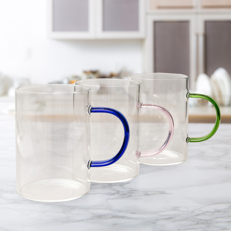 20 off on Set of 3 310ml Borosilicate Glass Mugs with Colour Handles
