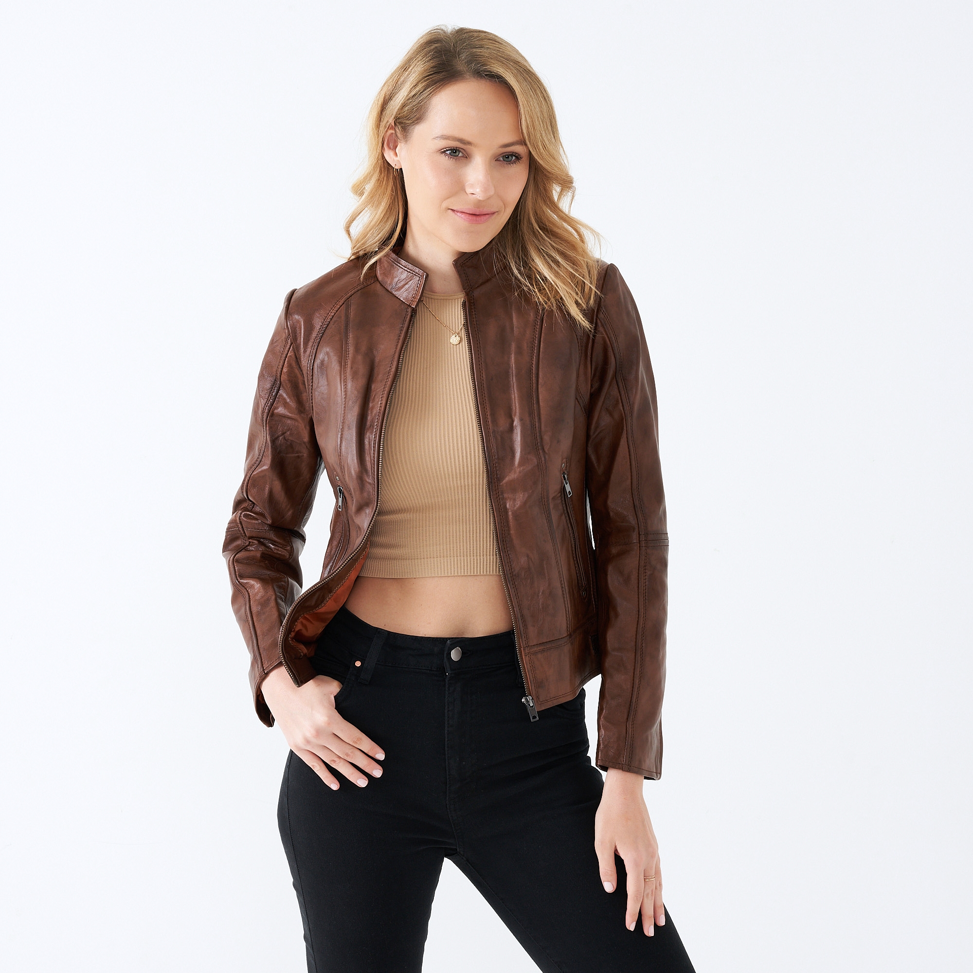 cropped tan leather jacket
