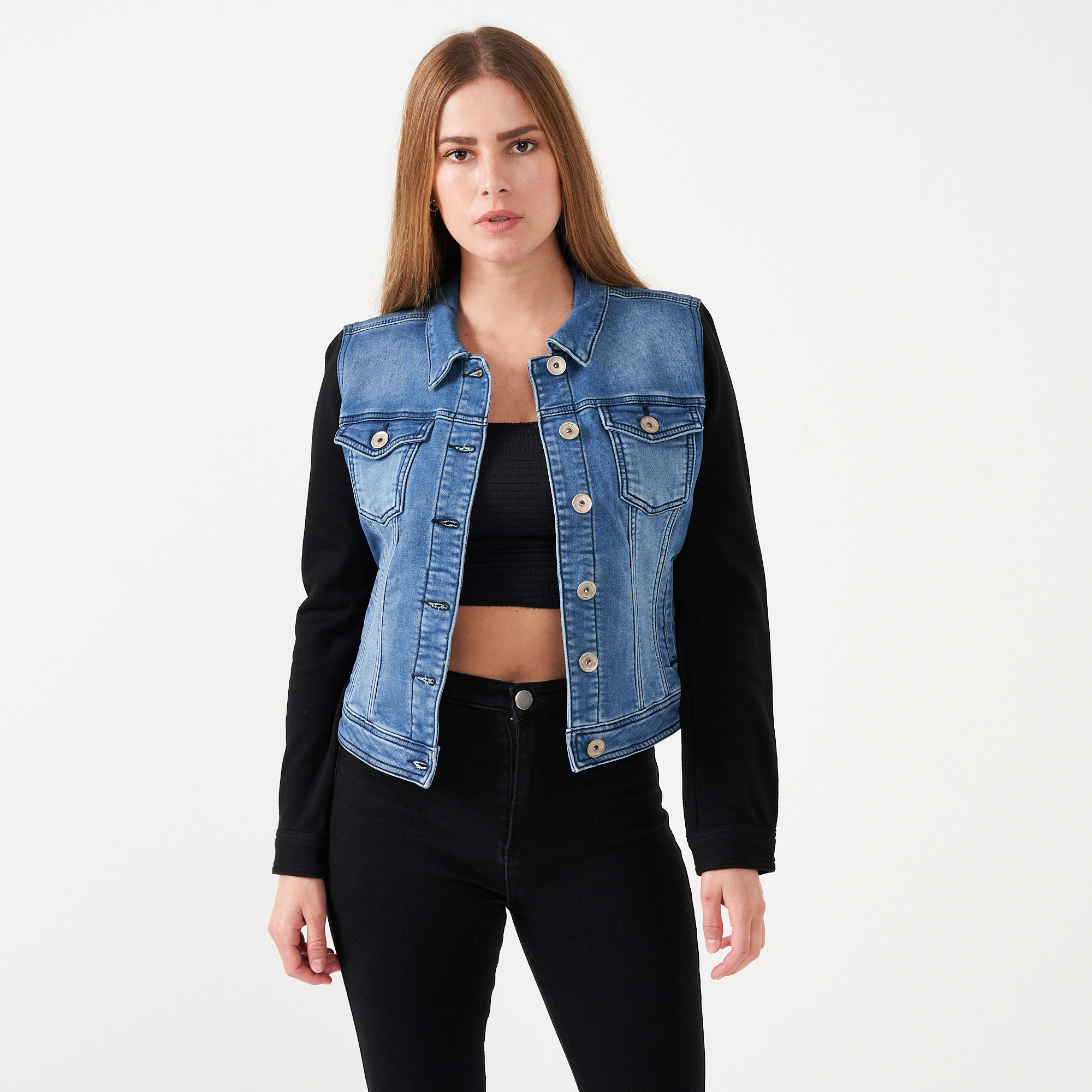 Cotton Denim Jacket with Black Sleeves