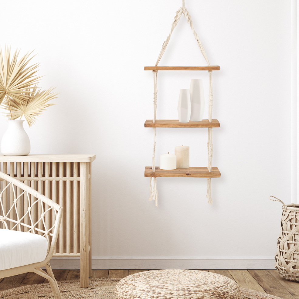 Mid Brown - 3 Tier Rectangle Macrame Shelf - pot not included