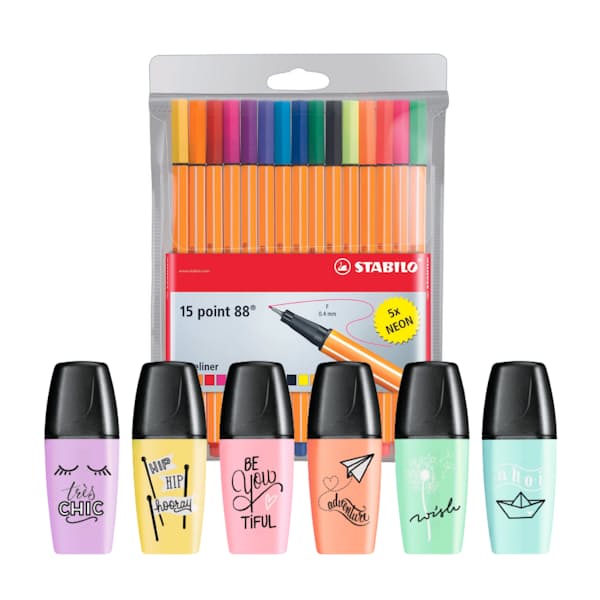 6x Pastel Mini Highlighter & 15x Point 88 Fineliners with Neon Colours