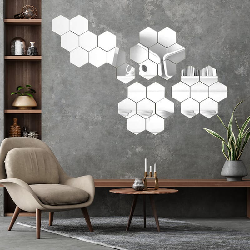 12 Piece Self Adhesive Hexagon Mirror Sticker Set
