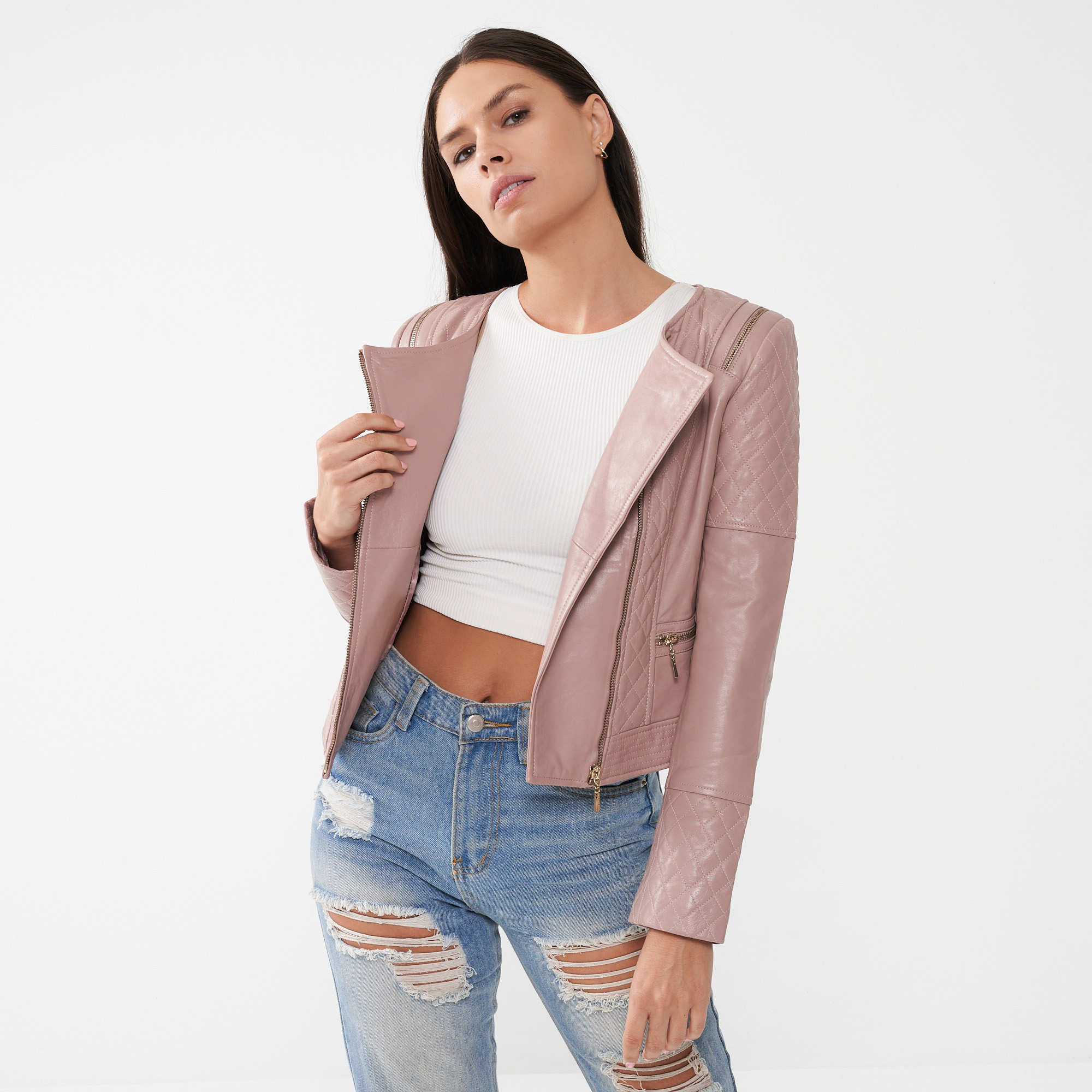 40 off on Ladies Dusty Pink Leather Jacket OneDayOnly